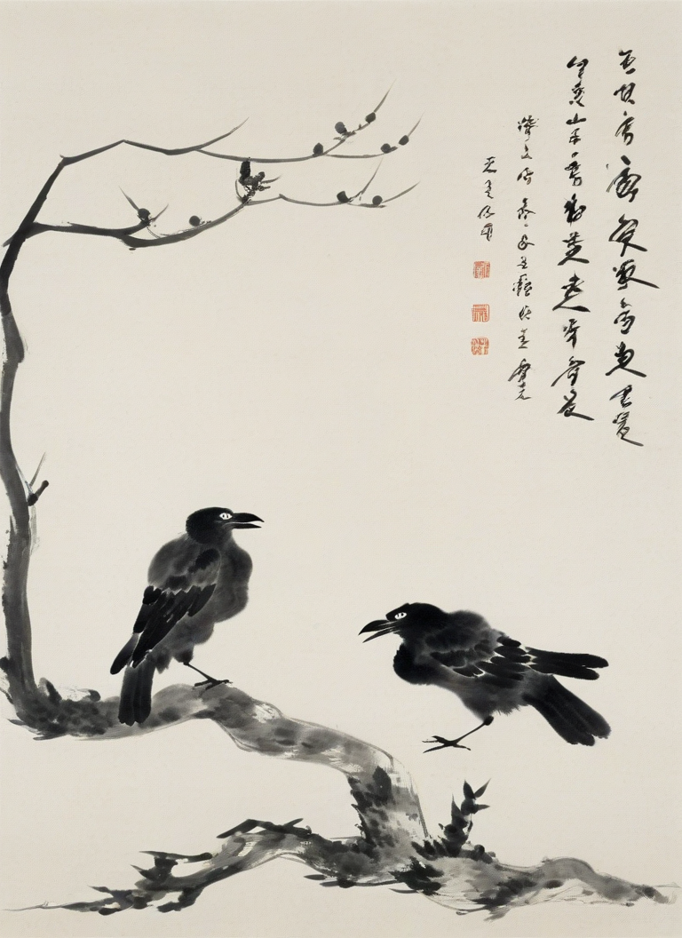 <lora:å«å¤§å±±äººç»é£-000007:0.8>,no humans,bird,branch,traditional media,two crow,tree,leaf,chinese text,simple background,calligraphy brush \(medium\),birds on branch,asian art,monochrome,traditional artwork,vertical composition,minimalist aesthetic,nature theme,brush strokes,paper texture,seal stamp,calligraphy,Chinese text,ink wash painting,traditional chinese painting,