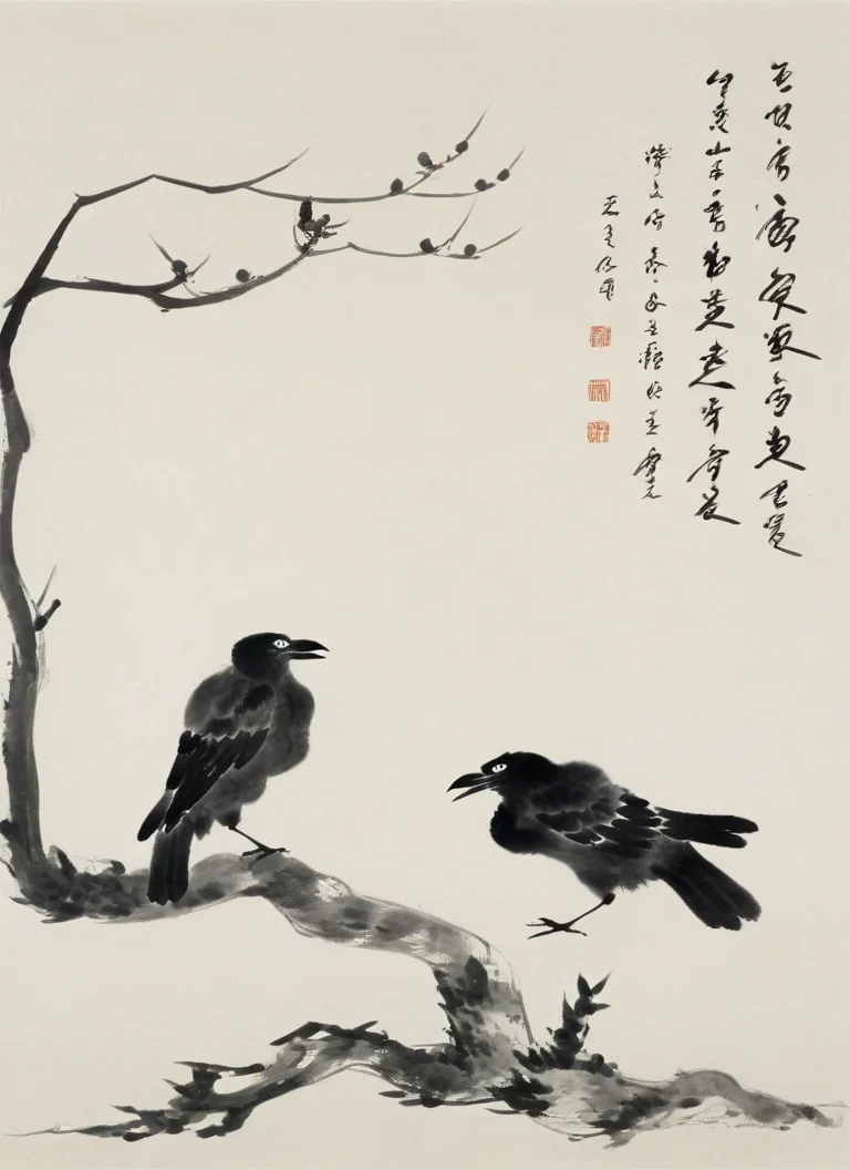 <lora:å
«å¤§å±±äººç»é£-000007:0.8>,no humans,bird,branch,traditional media,two crow,tree,leaf,chinese text,simple background,calligraphy brush \(medium\),birds on branch,asian art,monochrome,traditional artwork,vertical composition,minimalist aesthetic,nature theme,brush strokes,paper texture,seal stamp,calligraphy,Chinese text,ink wash painting,traditional chinese painting,