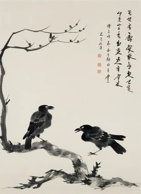 <lora:å
«å¤§å±±äººç»é£-000007:0.8>,no humans,bird,branch,traditional media,two crow,tree,leaf,chinese text,simple background,calligraphy brush \(medium\),birds on branch,asian art,monochrome,traditional artwork,vertical composition,minimalist aesthetic,nature theme,brush strokes,paper texture,seal stamp,calligraphy,Chinese text,ink wash painting,traditional chinese painting,