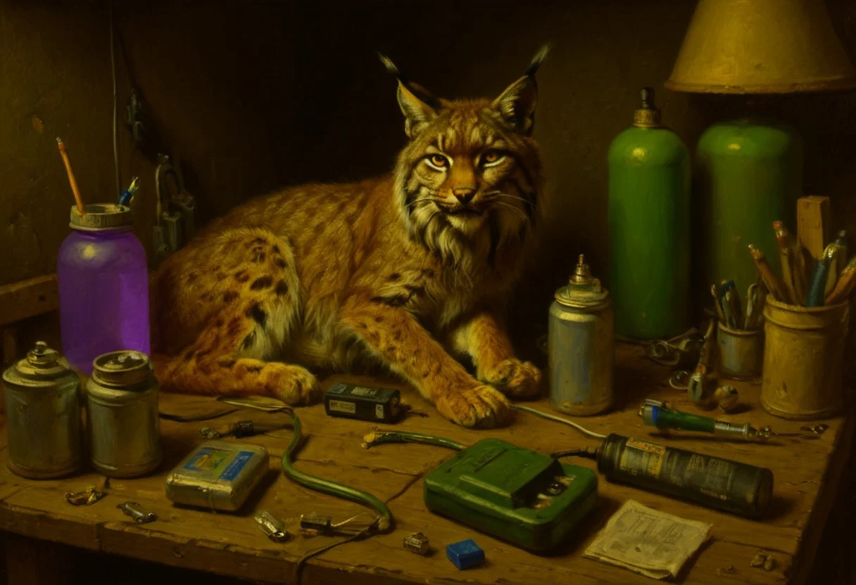 a painting of a lynx sitting on a log, clutter, trash, messy bench, cans, tools, computer parts, electronics, light bulbs, batteries, charger, 18650, wires, purple hose, cardboard boxes, random items, disorganized storage, low key, spot lighting, moss, bucket various objects, glass jars, green goo, yellow goo, glass bottle, red liquid, backlit