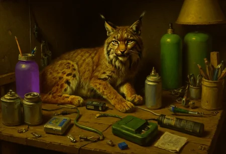 a painting of a lynx sitting on a log, clutter, trash, messy bench, cans, tools, computer parts, electronics, light bulbs, batteries, charger, 18650, wires, purple hose, cardboard boxes, random items, disorganized storage, low key, spot lighting, moss, bucket various objects, glass jars, green goo, yellow goo, glass bottle, red liquid, backlit