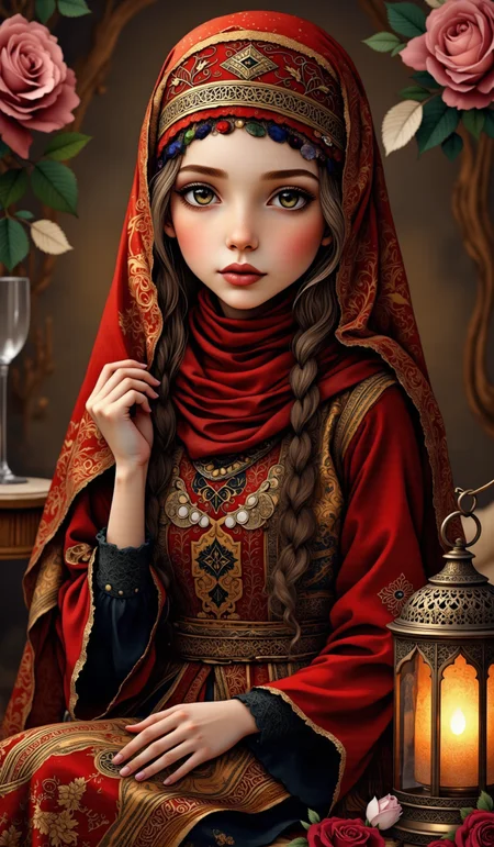 Whimsical young girl in traditional Middle Eastern attire ,3D character design meets Arabic clothes traditions style, :: detailed red and gold embroidered abaya with flowing fabric :: ornate Islamic geometric patterns on dress :: traditional red hijab with delicate golden thread work :: soft dreamy expression with rosy cheeks :: sitting pose with vintage lantern and roses :: color palette: deep crimson, black, and burnished gold accents :: atmospheric mood lighting with warm amber glow :: style inspired by Pixar's character design meets Arab cultural elements :: detailed fabric textures showing traditional embroidery :: soft volumetric lighting from lantern :: rose motifs with Arabic calligraphy patterns :: nostalgic evening atmosphere :: depth of field focusing on character :: subsurface scattering on skin :: 8k resolution ::