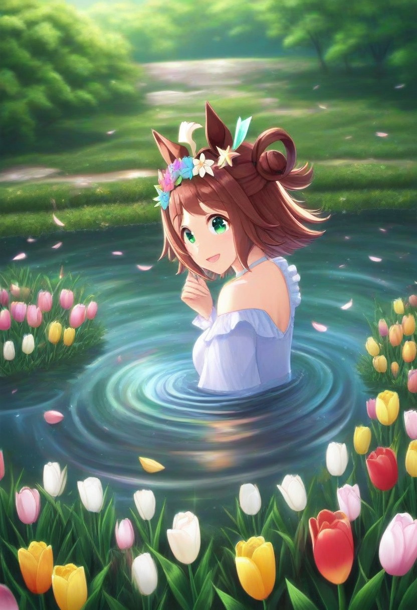 (umamusume, rhein_kraft_(umamusume), horse_ears, horse_girl, tail, 1girl, ahoge, animal_ears,)
casual, Tulip,Tulip flower, Tulip flower_field, 
head_wreath, looking_at_viewer,  solo, aesthetic, absurdres, symmetric , , g0ldsw0rthy,
(realistic, photo,  artistic, medium_hair, one_eye_closed, petals, relaxing, smile, spiralling vortex made of multicoloured tulips, lush foliage sunrise,  ripples, reflective, jaynl-tm, rainbow,green_eyes, hair_between_eyes, hair_ornament,  : 0.7)