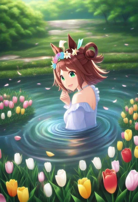 (umamusume, rhein_kraft_(umamusume), horse_ears, horse_girl, tail, 1girl, ahoge, animal_ears,)
casual, Tulip,Tulip flower, Tulip flower_field,
head_wreath, looking_at_viewer, solo, aesthetic, absurdres, symmetric , , g0ldsw0rthy,
(realistic, photo, artistic, medium_hair, one_eye_closed, petals, relaxing, smile, spiralling vortex made of multicoloured tulips, lush foliage sunrise, ripples, reflective, jaynl-tm, rainbow,green_eyes, hair_between_eyes, hair_ornament, : 0.7)