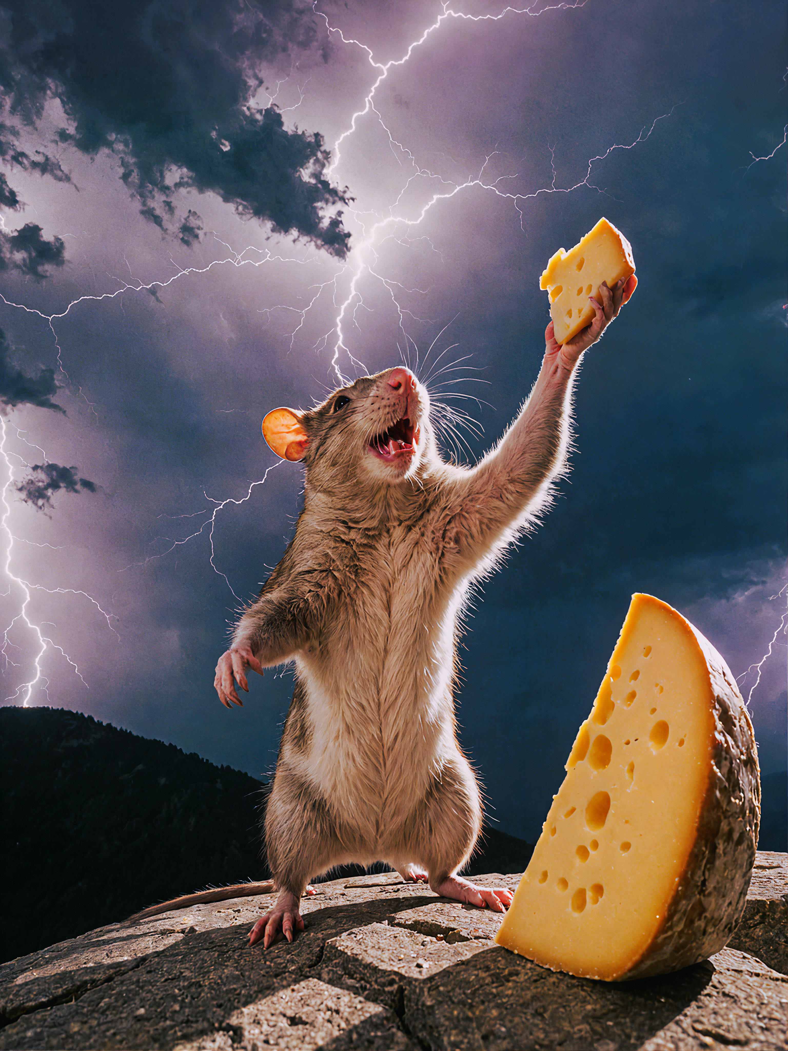 insane maniac rat (worshiping and lifts a cheese high into the air:1.25),( cheese in the mid-air:1.1), (raising arms:1.1), (god rays:1.1), (shining:1.2), sunny days, divine, (bright:1.25), on the cliff, ominous, (backlighting, backlit, lots of lightning, ball lightning:1.35), harsh shadows, (taken by go-pro, taken by fisheye lens:1.2)