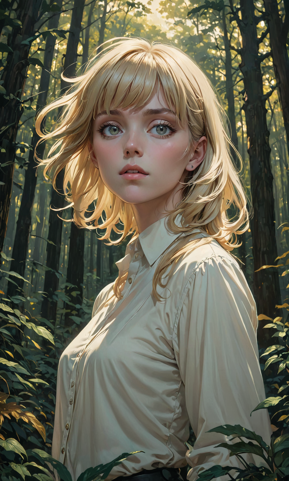 The most beautiful androgynous person ever, blonde hair with bangs alone, wearing a white shirt in a dark green and gold forest at dusk by Artgerm and Greg Rutkowski and Alphonse Mucha and Craig Mullins, James Jean, Andrey Ryabovichev, Mark Simonetti and Peter Morbacher 16k resolution. Realistic artwork with <lora:Fast:0.15>