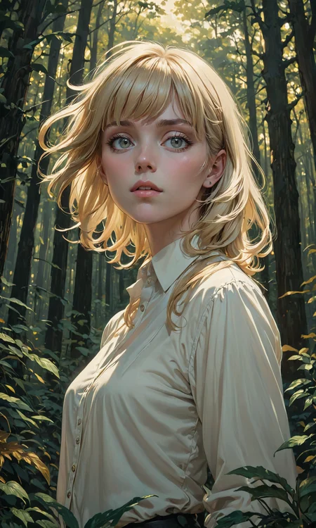 The most beautiful androgynous person ever, blonde hair with bangs alone, wearing a white shirt in a dark green and gold forest at dusk by Artgerm and Greg Rutkowski and Alphonse Mucha and Craig Mullins, James Jean, Andrey Ryabovichev, Mark Simonetti and Peter Morbacher 16k resolution. Realistic artwork with <lora:Fast:0.15>
