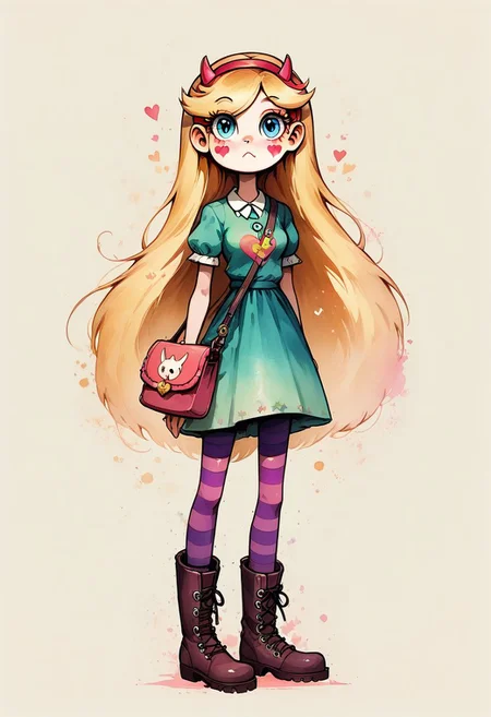 Faded Headshot, faded bottom, faded edges ,score_9,score_8_up,score_7_up,score_6_up,score_5_up, rating_safe,
1girl, starbutterfly, \(Star vs. the Forces of Evil\)/,(ultra HD quality details), blonde hair, long hair, very long hair, blue eyes, heart, facial mark, eyelashes,
horned headwear, hairband,
green dress, squid printed dress, short sleeves,
striped pantyhose, purple striped pantyhose, boots, purple boots,
star shaped bag, shoulder bag, small bag,
(skinny), cute, firm breasts, (petite girl), pretty girl, vivid colors,
beautiful, centered, looking at the camera, approaching perfection, dynamic, moonlight, highly detailed, watercolor painting, artstation, concept art, smooth, sharp focus, illustration,
small breasts, deep cleavage,