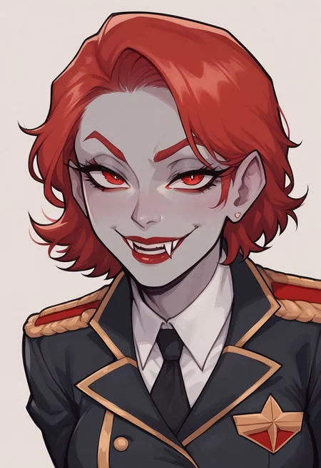 score_9, score_8_up, score_7_up, score_6_up, score_5_up, score_4_up, eye contact, looking at viewer, source_anime, naughty traditional art, lineart, DC, woman, (red hair), grey skin, gray skin, cute face, attractive face, pretty face, smile, fangs, vampire fangs, teeth, rating_questionable, zPDXL, napoleonic military officer lady, military uniform, military insignia, upper body portrait, red eyes