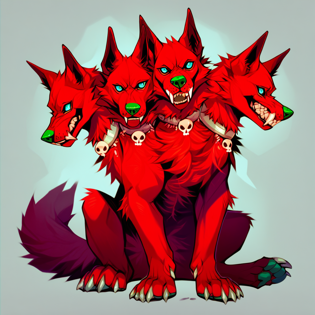 score_9, score_8_up, score_7_up, score_6_up, score_5_up, score_4_up, rating explicit, source furry, Cerberus, 3 heads, canid, canid demon, canine, canis, cerberus, demon, domestic dog, hellhound, mammal, mythological canine, mythological creature, 3 heads, bone, claws, collar, fangs, feral, fluffy, fur, green nose, jewelry, looking at viewer, multi head, necklace, red body, red fur, sitting, skull, solo, teeth, teeth showing