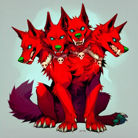score_9, score_8_up, score_7_up, score_6_up, score_5_up, score_4_up, rating explicit, source furry, Cerberus, 3 heads, canid, canid demon, canine, canis, cerberus, demon, domestic dog, hellhound, mammal, mythological canine, mythological creature, 3 heads, bone, claws, collar, fangs, feral, fluffy, fur, green nose, jewelry, looking at viewer, multi head, necklace, red body, red fur, sitting, skull, solo, teeth, teeth showing