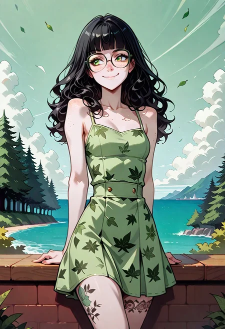 masterpiece, best quality, 32k, high resolution, absurdres, 1girl, Claudia, ClaudiaRH, long black hair, wavy hair, blunt bangs, green eyes, big squared eyeglasses, small breasts, slim, big leg tattoo, pale skin, freckles, posing , portrait, cowboy shot, wearing cute green sundress, leaves pattern dress, sunny, outdoor, sea landscape, trees, cute smile, closed lips