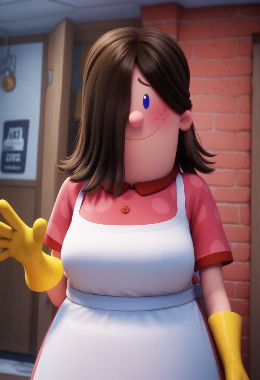 edith (captain underpants), 1girl, dark brown hair, hair over one eye, hair covering one eye, dot blue eyes, freckles, blush, pink polka dot dress, short sleeves, white apron, yellow dishwashing gloves, pink mary janes, white socks, plump, Expressiveh, shy, score_8_up, score_7_up, BREAK, 1girl, solo, looking at viewer, cute, smiling, smug, walking, waving at viewer, female focus, looking at viewer, detailed background, 4k, masterpiece, best quality, highly detailed, realistic, 3d, full shot