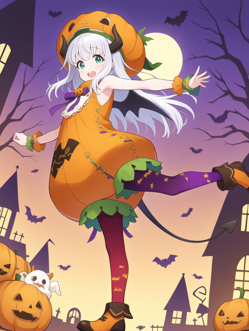 perfect quality,best quality,absolutely eye-catching,ambient occlusion,raytracing BREAK
1girl,<lora:riria kabotya IL v1.1:0.8>,kabotya,white hair,green eyes,long hair,horns,halloween,halloween costume,pumpkin,hat,sleeveless,wrist cuffs,wings,ribbon,demon tail,red legwear,purple legwear,shoes,print legwear,, dutch angle,portrait,on_side,occlusion,arm_grab,standing_split,_leg_up,