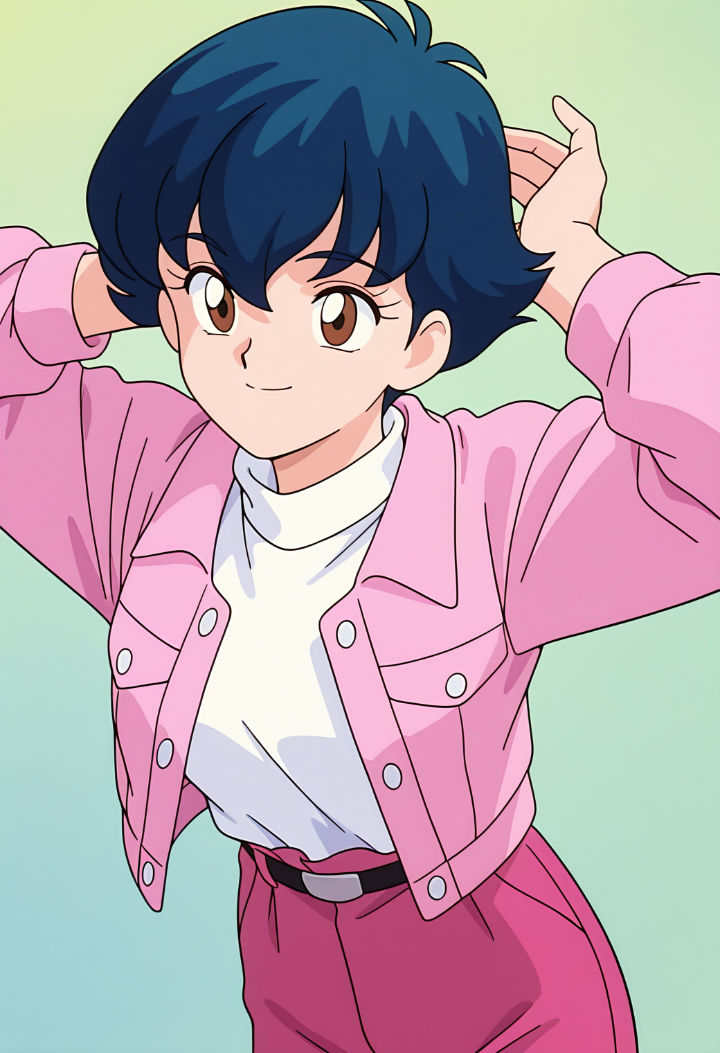 masterpiece, best quality, very aesthetic, absurdres, 1girl, solo, 1990s \(style\),
<lora:shimaya_hazuki_v01:0.8>, shimaya_hazuki, hazuki_casual, blue hair, short hair, brown eyes, hair between eyes,
pink jacket, open jacket, white shirt, turtleneck, long sleeves, belt, pink pants, smile, upper body, posing