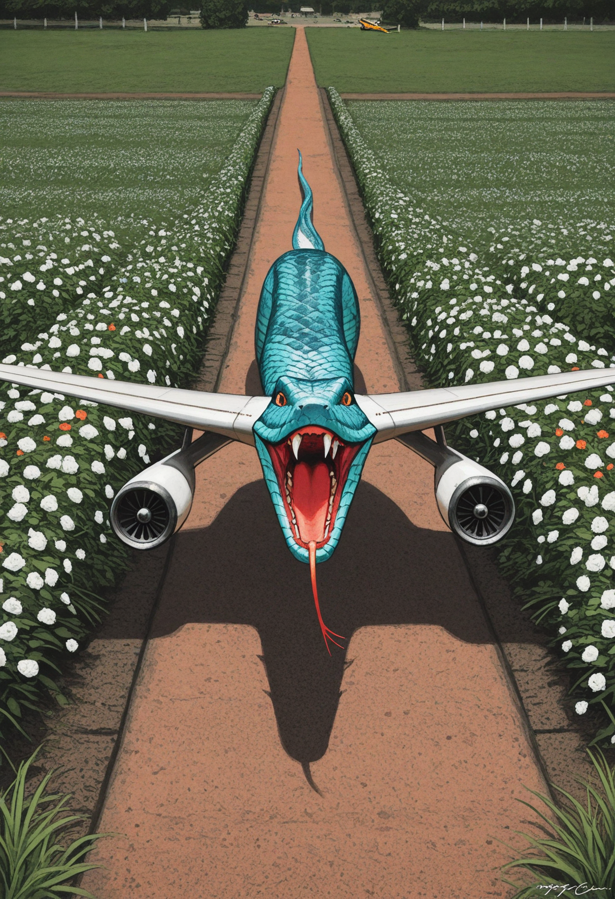 mucknagabe, masterpiece, best quality, amazing quality, realistic,  snakeplane aircraft, scales, fangs, garden, flowers