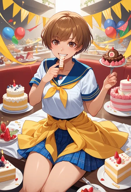 score_9, score_8_up, score_7_up, score_6_up, source_anime BREAK chiesummeruniform, brown hair, short hair, brown eyes, white serafuku, yellow ribbon, clothes around waist, skirt, houndstooth, eating a cake, sitting down, birthday party background, smile, looking at viewer,