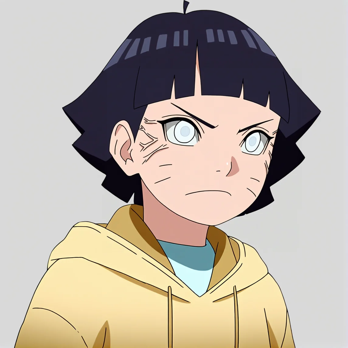 sharp focus, pixiv masterpiece, score_9, score_8_up, source_anime, score_7_up, best quality, highres, absurdres, BREAK
<lora:Himawari_Uzumaki_IL_v36:1>, uzumaki_himawari_il, 1girl, solo, dark-blue_hair, short_hair, yellow_hoodie, white_eyes_with_veins, portrait,
