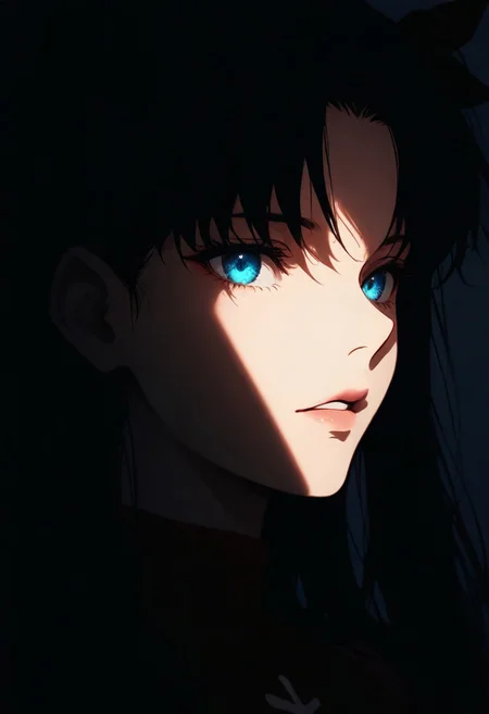 1girl, tohsaka rin, solo, dark, light, the light illuminates part of the face, masterpiece, best quality, very aesthetic, close up, parted lips