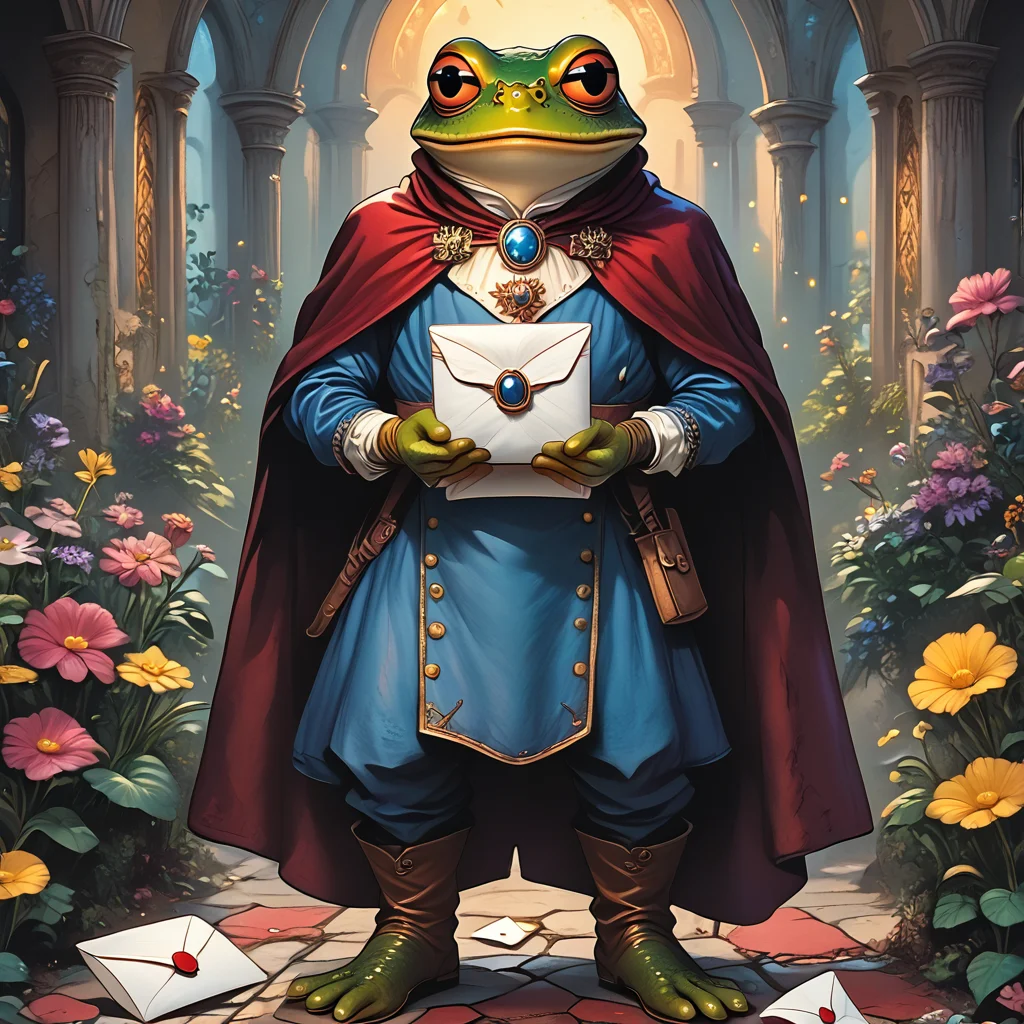 score_9, score_8_up, score_7_up, score_6_up, score_5_up, score_4_up, <lora:WonderlandPony_r1:1> ArsMJStyle, Wonderland, The image shows a frog wearing a red cape and holding a book in its hands standing on a carpeted floor surrounded by plants with flowers pillars and a wall in the background., cape, flower, frog, solo, boots, letter, weapon, envelope, no humans, gloves, 1boy, male focus