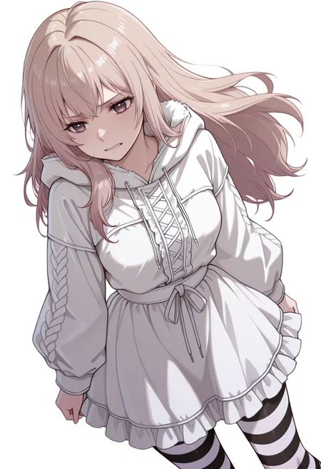 masterpiece,high quality details, absurdres,
<lora:Kazusa_Ootori_V2:0.8> kazusa_cnr, 1girl, light brown hair, long hair, brown eyes,, simple background, white background, dynamic angle,solo,, grimace,sad,, parka,frilled shirt,wrap skirt, ,striped pantyhose,