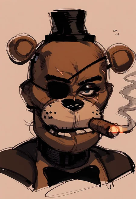 , close up portrait, (smoking :1.1) (cigar:1.1), scar over eye, , tired, (eyepatch:1.1), simple pencil sketch, spot color, bodysuit , yoji_shinkawa, score_8_up, score_7_up, score_6_up, freddy