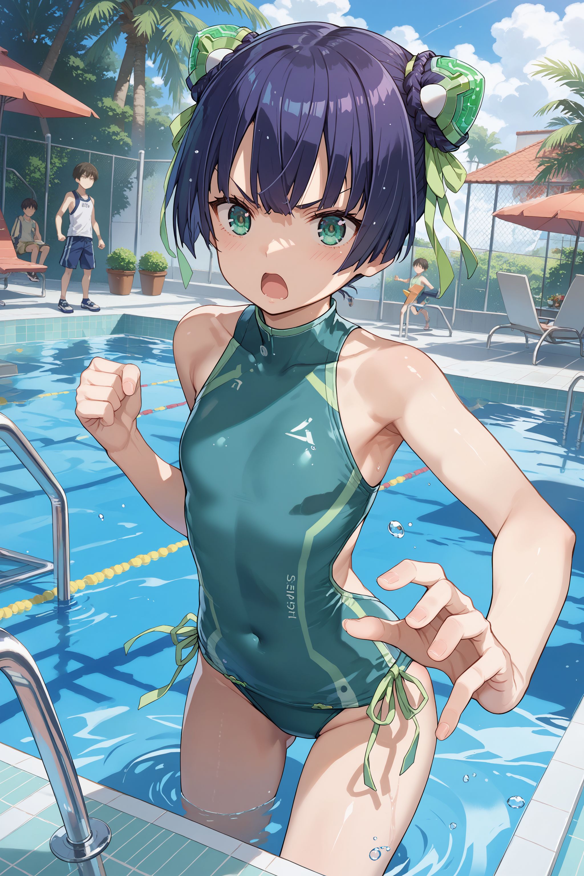 score_max, (score_9, score_8_up, score_7_up:1.0), score_6_up, official art,
masterpiece, absurdres, high detail, 8k,
pool, water slider, poolside, upper body,
action pose, girl punching boys face, hand up, shy, angry, open mouth, motion lines,
ddphikari, hair ornament, double bun, bun cover, green ribbon, green one-piece swimsuit, flat chest,
<lora:XL_Pony_gomaotsu-hikari-t1:1.0>