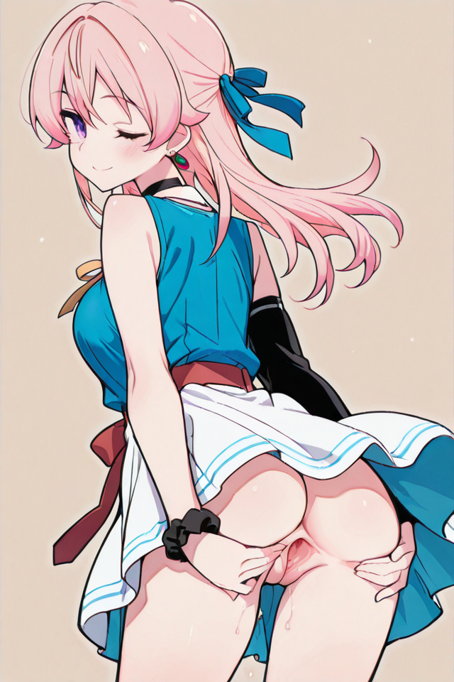 PonyScores, Expressiveh, (score_9, score_8_up, score_8, ASCII score_9), Rating 9, Rating 8, Rating 7, (masterpiece, best quality:1.2), 1girl, solo, (beautiful anime girl:1.3), (wakatsuki niko style), front view, eye-level, long blonde hair, pink highlights, purple eyes, red dress, long sleeves, black choker, (seductive smile), (natural breasts), blush, happy eyes, (dynamic pose), red belt, simple background, (arms at sides), (arms relaxed), (hands by sides), seductive smile, blonde hair, pink hair, multicolored hair, gradient hair, looking at viewer, long hair, <lora:WakatsukiNikoillusApexAi:1>, explicit, newest, anime coloring, (flat color:1.2), cowboy shot, looking back, blue ribbon, hair ribbon, blue shirt, sleeveless shirt, collared shirt, yellow neck ribbon, scrunchie, single detached sleeve, black sleeve, white skirt, brown belt, belt pouch, white sash, (sideboob:1), backless shirt, smile,one eye closed, large breasts, ass,skirt lift, panties around thighs, spread pussy, lean forward, (pussy juice:0.6), black outline, ass focus,
