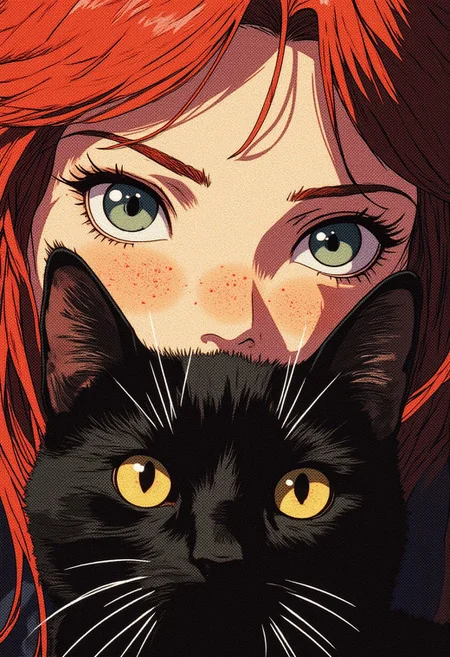 girl 18 yearsd old, with freckles, cute, her face partly covered by a black cat's face. The girl has light green eyes, while the cat's large, golden eyes stare outwards. The lighting creates a soft, painterly effect, blending the features of the girl and the cat together. The cat’s dark fur contrasts against the girl's pale complexion and her red hair, creating a sense of surreal connection between the two. The overall tone is calm yet slightly mysterious, evoking a dreamlike atmosphere.
Photorealistic, 8k, deep shadows,