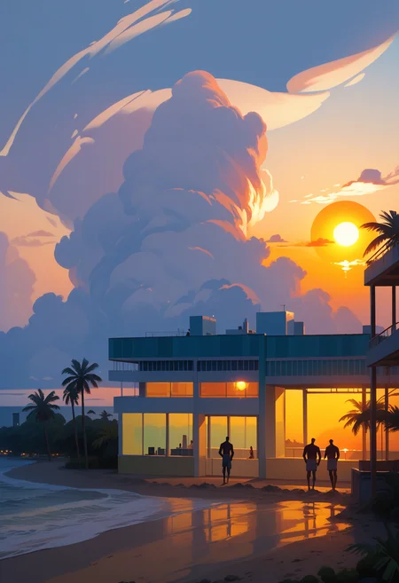 score_9, score_8_up, score_7_up, score_6_up, score_5_up, score_4_up,
<lora:DreamPallete:1> dr3am,
outdoors, sunset, sky, cloud, building, sun, beach, tree, scenery, ocean, multiple boys, palm tree, silhouette, horizon