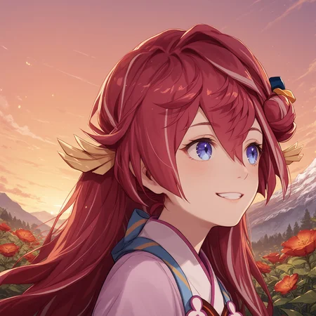 safe_pos, safe_pos, safe_pos, safe_pos, safe_pos, safe_pos, score_9, score_8_up, score_8, score_7_up, score_7, ExpressiveH, Close-up, portrait, face focus
BREAK
1girl, solo, Botan, blue eyes, pink hair, red hair, bangs, hair ornament, long hair, hair bun,defaultbotan, smile
BREAK
Garden, sunset, orange sky, purple sky, mountainous horizon