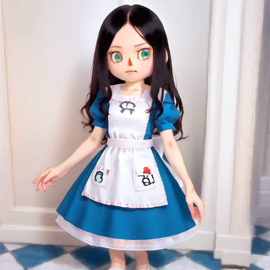 <lora:AC_POCKET_CAMP_HUMANS:1> achumans, triangle nose, orange nose    <lora:AliceMadness:0.8> madalice, dress, black hair, apron, long hair, green eyes, solo