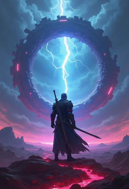 high quality, highly detailed, colorful, abstract, fantasy, fantasy background, The image is a digital illustration of a warrior standing in the middle of a vast landscape. The warrior is wearing a black armor with intricate designs and patterns, and is holding a sword in his right hand. He is standing in front of a large circular structure that appears to be made up of multiple curved lines and shapes. The structure is glowing blue and purple, with a white lightning bolt in the center. The sky is filled with dark clouds, and the ground below is covered in red and pink lights. The overall mood of the image is ominous and mysterious., Circular Fisheye Lens, camera angle is knee level shot, split diopter, Fujifilm X-T30 II Mirrorless Camera, spotlit<lora:FLUX\Enhancer\New Fantasy CoreV2.safetensors:0.8:0.8> <lora:FLUX\Style\ral-lva-flux.safetensors:0.6:0.6>