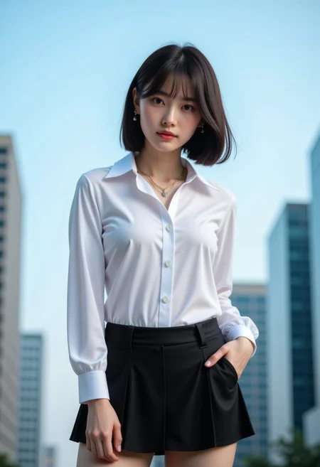 Realistic photograph, Movie light, film grain, short hair, bob cut, hair over one eye, (solo, secretary, sexy), necklace, earrings, long bang hair, thick thighs, wide hips, perfect large round butt, silk stocking, garter belt, long legs, shiny skin, parted lips, standing, outdoors, sky, building, Against a soft, true gradient blue background, Realistic photograph, Movie light, film grain, close-up, upper body, 1girl, (ultra HD quality details), perfect sagging large breasts, dynamic angle, dynamic pose, white shirt, collared shirt, school uniform,