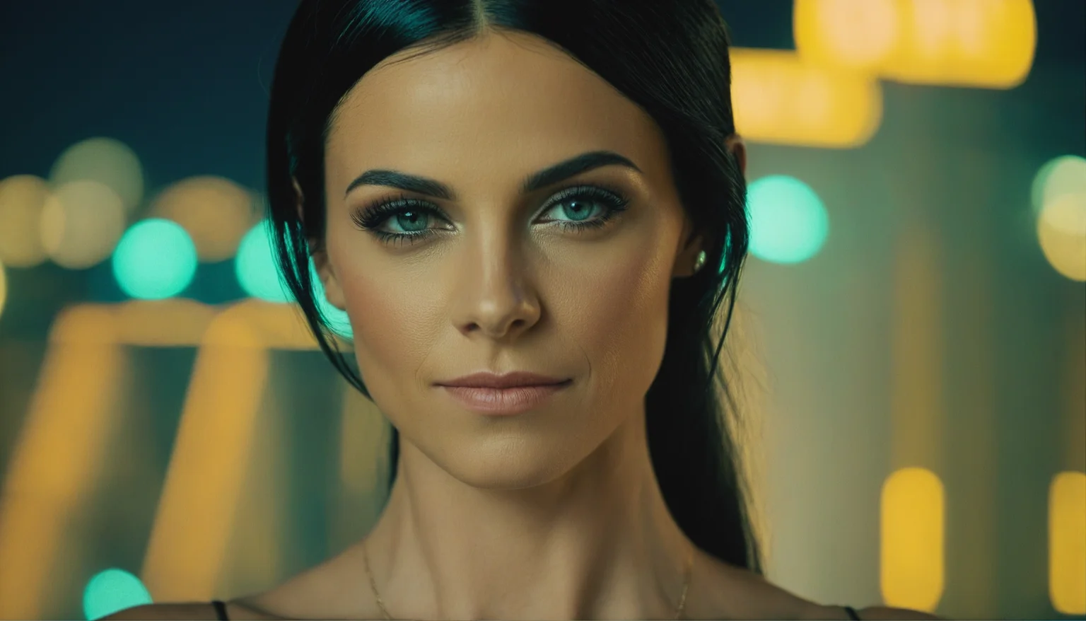 a woman, perfect eyes, with black hair closeup, night time city lights, professional photography, from a movie
