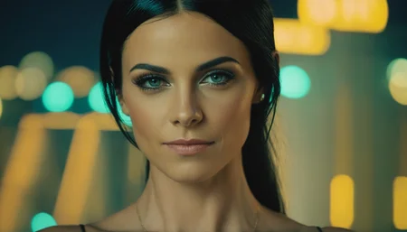 a woman, perfect eyes, with black hair closeup, night time city lights, professional photography, from a movie