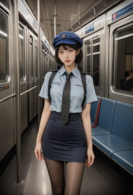 ,ruanyi0821,train interior,
,ruanyi0820,black necktie,blue hat,blue shirt,blue skirt,black pantyhose,short sleeves,pencil skirt,<lora:0821 train interior_v1_pony:1>,<lora:0820 tokisaki kurumi policewoman fan costume_v1_pony:0.7>, score_9,score_8_up,score_7_up,,8k,1girl,solo,,