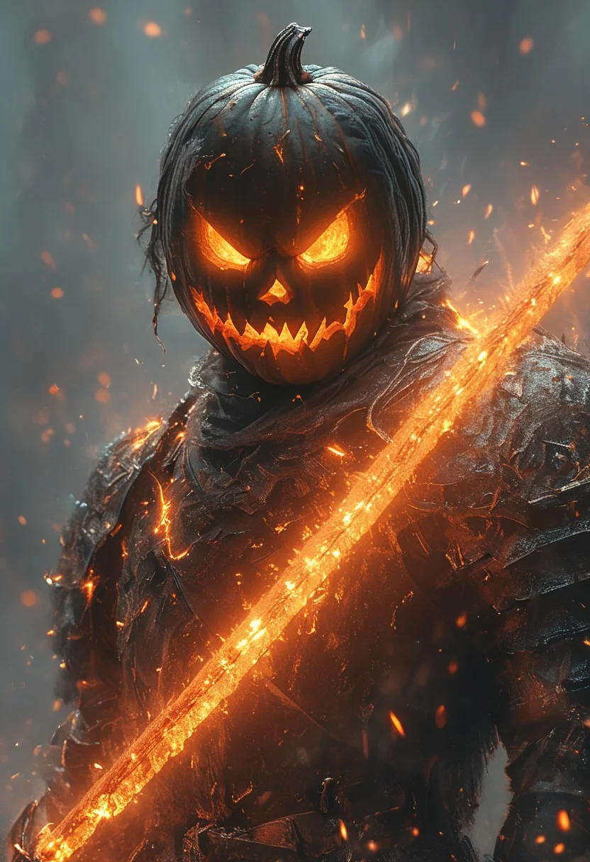 WLOP art style, look at the audience, (Pumpkin Jack), (pumpkin head with glowing eyes), wearing knight armor and holding a sword, Head up and chest out, Smoke and lightning behind, (((lightning light))), ((Exploding lightning behind)), Commoner clothes, cloth girdle, rag scarf, rag clothes, shoulder armor, arm armor, eye light, sharpness, cinematic foootage, (full body), intricate details,8k post production, faithful, Religious denomination,colorful cinematic, red black fire tone