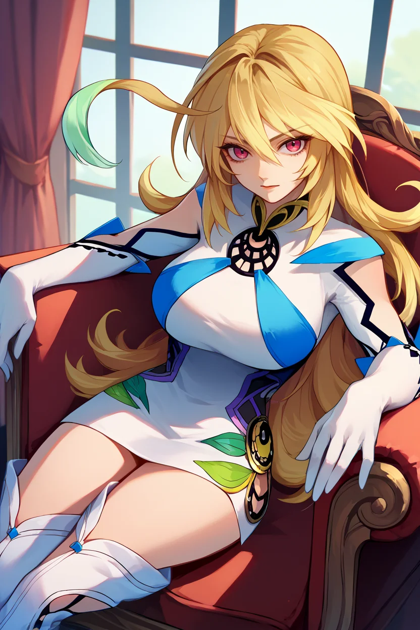 score_9, score_8_up, score_7_up, score_6_up, source_anime, solo, <lora:toxmilla-pdxl-nvwls-v1-000005:1> tox2milla, blonde hair, multicolored hair, ahoge, blue and white dress, short dress, elbow gloves, white gloves, thigh boots, big breasts, sitting, armchair, looking at you, lounge, fancy house, curtains