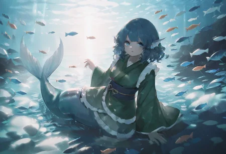 volumetric lighting, ambient occlusion, luminescent background, masterpiece, very awa,underwater, mermaid, a mermaid swimming towards a beam of light, dynamic angle,cinematic angle, blue tint, water reflections, looking at viewer, surrounded by colorful fish, mermaid tail, dynamic pose,
BREAK
wakasagihime, 1girl, solo, blue eyes, blue hair, short hair, drill hair, head fins, mermaid,green kimono, frilled kimono, wide sleeves, blue obi, yellow obijime,elegant