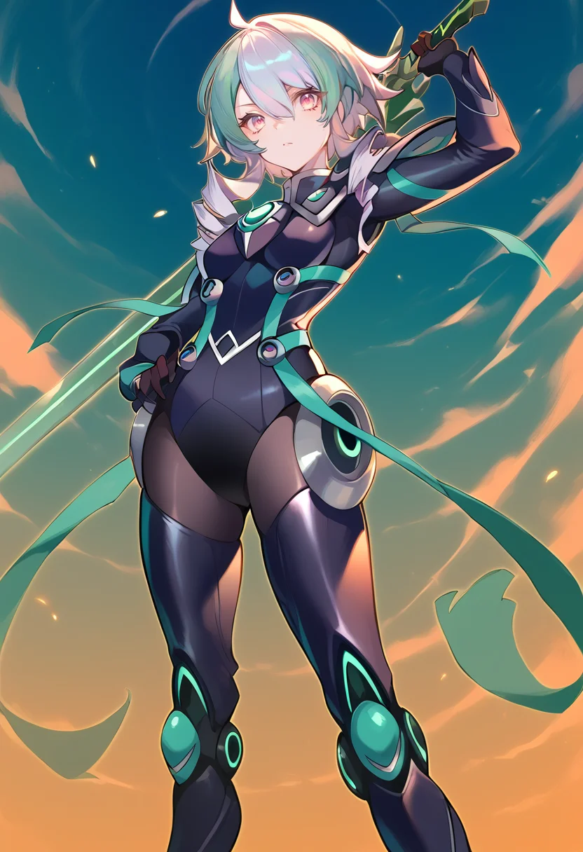 (score_9:0.9),score_8_up,score_7_up,anime style,rating_safe,(zPDXL),<lora:sky striker ace - camellia ponyXL v2:0.82>,sky striker ace - camellia,1girl,black battle costume,weapon,holding,holding weapon,green katana,holding green katana,standing,fighting stance,!,