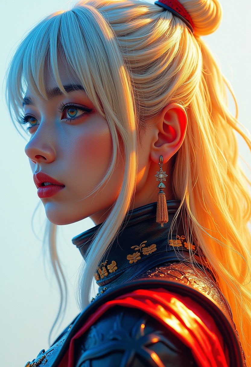 abstract photorealistic ink image in vivid, surreal colour gradient, closeup side portrait of korean woman wearing fantasy leather and bronze plate armour, long bleached hair, bangs