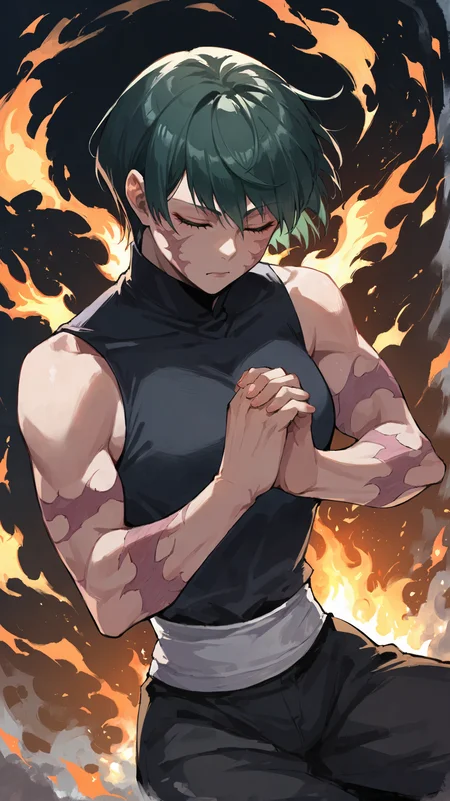 score_9,score_8_up,score_7_up,score_6_up, source_anime, zPDXL, <lora:xl_more_art-full_v1:0.5>, woman, dynamic pose, <lora:Maki - Scarred - Pony-000004:0.8>, short hair, dark green hair, closed eyes, face scars, body scars, black turtleneck, sleeveless, black pants, surrounded by fire, flames, sparks, foreground, <lora:lotus_position_pony:0.8>, lotus position, meditation, lotus pose,