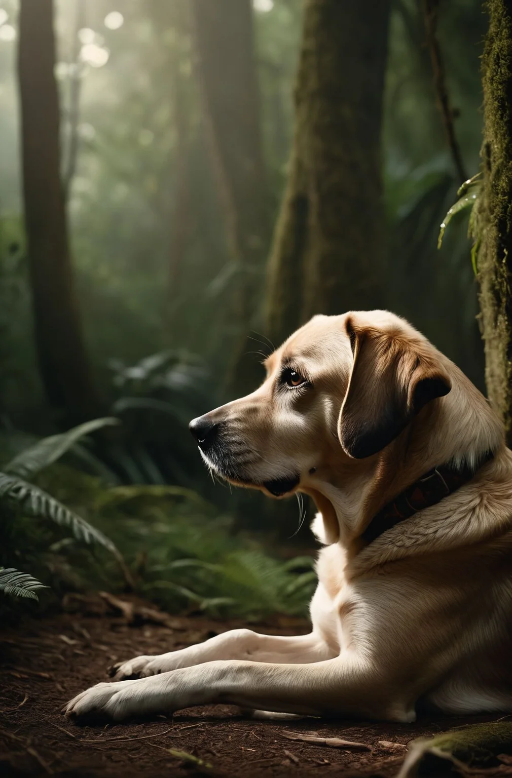 award winning wildlife (medium long shot:1.4), 35mm film movie still, ultra photorealistic, photorealism, (upper profile) shot of a defeated old dog in pain with the (sunken head:1.4) mourning (looking depressed down:1.2), (glossy eyes) cinestill, film grain, taken with hasselblad H6D 100c, the HCD 24mm lens, hazy mood, cinematic dramatic lighting, cold muted colors, (DOF:1.4), (dark lush jungle background), sharp focus, (perfect real extremely details), amazing fine detail, absurdres, hyper realistic lifelike texture, dramatic lighting