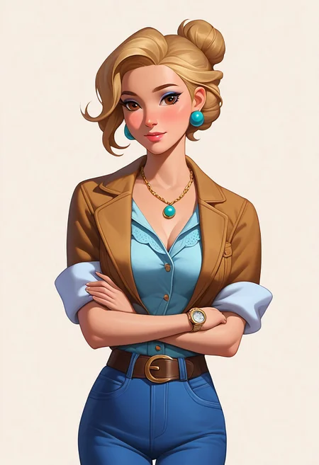 score_9, score_8_up, score_7_up, mercasg, BREAK 1girl, woman, young, solo, pretty, sad, upset, medium breasts, blonde hair, ((single bun on back of head:1.2)), bob cut, bob haircut, medium hair, brown eyes, light brown lipstick, makeup, ((earrings with blue feathers)), ((boho necklace with brown lace and blue cabochon:1.2)), denim vest with copper buttons, white shirt with loose sleeves rolled up to the elbow under jacket, brown unbuttoned T-shirt tucked into denim blue trousers under T-shirt, black waist belt with a gold buckle, ((a watch on the left hand with a brown strap)), (bracelets on the right hand), BREAK hands down, ((left hand holding right hand)), standing, cowboy shot, semi-sideways, half-sideways, looking down, BREAK simple background, white background