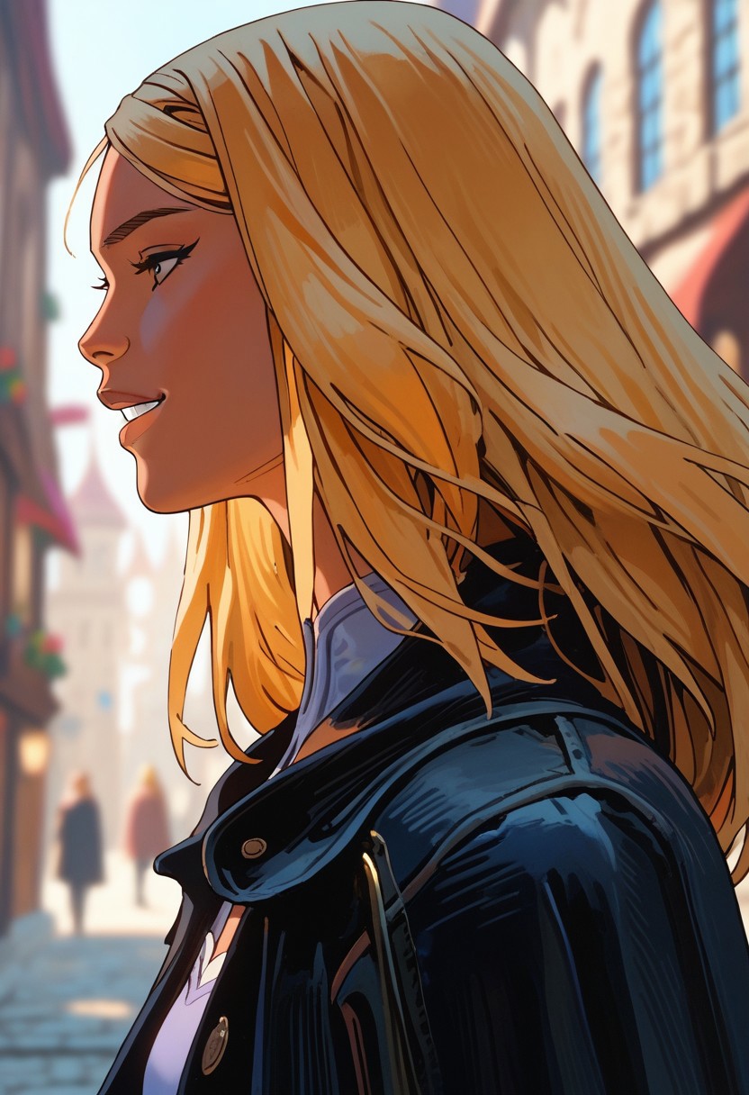 score_9,score_8_up,score_7_up, best quality, masterpiece, solo, long hair, blonde hair, 1girl, profile, dark skin, smile, from side, parted lips, dark-skinned female, upper body, teeth, black coat, Sangre,  medieval city street,