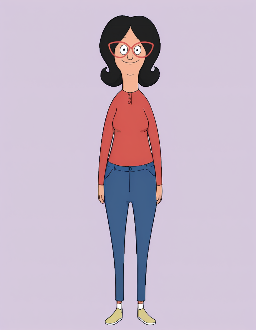 <lora:LindaBelcherIllustrious1.0JLFO:1> linda, 1girl, black hair, solo, glasses, red-framed eyewear, smile, red shirt, pants, long sleeves, jeans, black eyes, looking at viewer,  cowboy shot, simple background, simple background, full body,