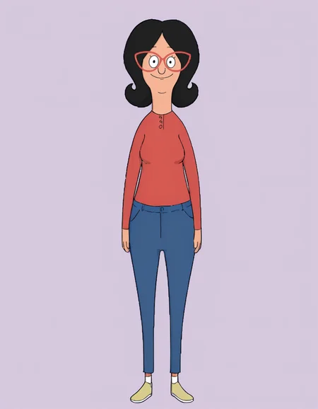 <lora:LindaBelcherIllustrious1.0JLFO:1> linda, 1girl, black hair, solo, glasses, red-framed eyewear, smile, red shirt, pants, long sleeves, jeans, black eyes, looking at viewer, cowboy shot, simple background, simple background, full body,
