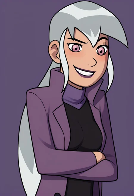 charmcaster, 1girl, solo, torn clothes, black shirt, long pink purple overcoat, breasts, smile, silver hair, long hair, crossed arms, pink eyes, blush, upper body, lipstick, ponytail,