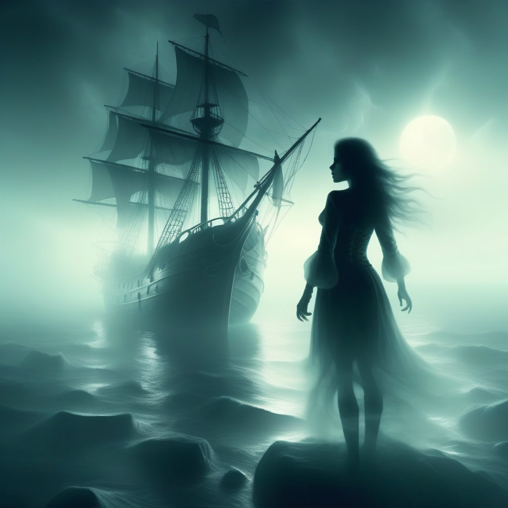 mentixis girl pirate in the background ghost ship, dark enigmatic atmosphere <lora:mentixis:1>